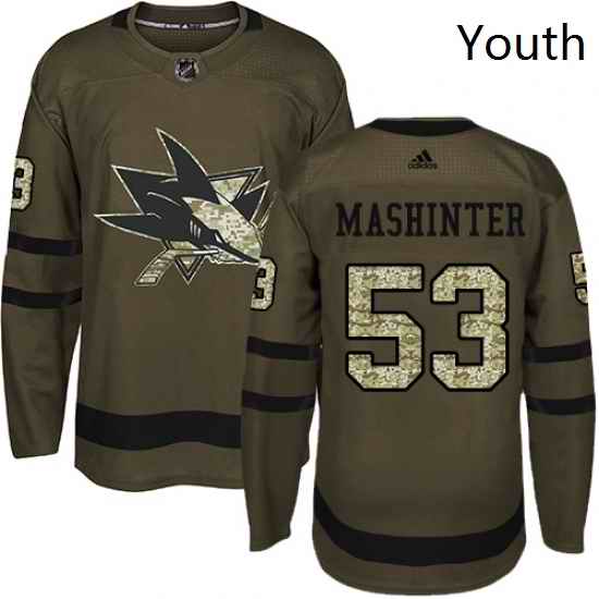 Youth Adidas San Jose Sharks 53 Brandon Mashinter Premier Green Salute to Service NHL Jersey